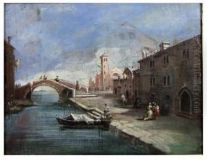 Venetian Canal View With Figures by Bernardo Bellotto