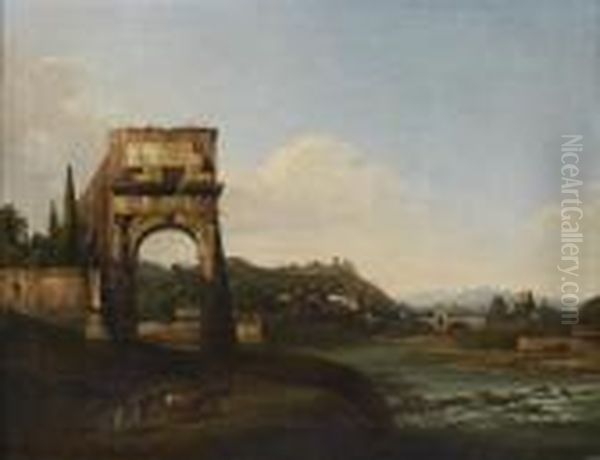 Caprice Architectural Avec L'arc De Titus Au Bord D'une Riviere - view 1