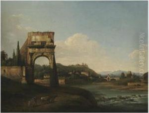 A River Landscape With A Ruined
Classical Arch And A Herder And Hiscattle In The Foreground by Bernardo Bellotto