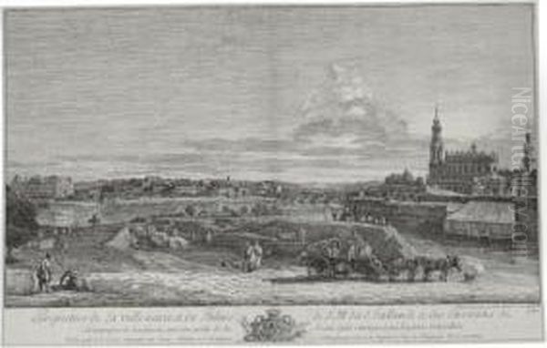 Perspective De La Ville Neuve,
Et Du Palais De S. M. Dit D'hollande Et Des Environs De La Campagne De
Loschuwitz, Avec Une Partie De La Roiale Eglise Catolique, Et Des
Basions De La Ville De Dresde (de Vesme 9; Kozakiewicz 156) - view 1