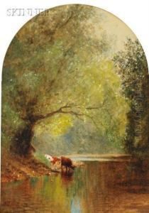Cows Drinking At Stream Under Spreading Trees by Albert (Fitch) Bellows