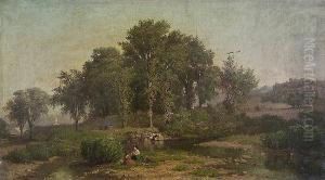 Girls Playing By A Stream On The Edge Of Town by Albert (Fitch) Bellows