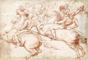 Studies After Raphael Two Horsemen Recoiling, With Soldiers In The Background by Boccaccio Boccaccino