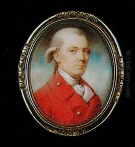 A portrait of a gentleman with powdered hair en queue, wearing red coat with gold buttons 1783 by John Bogle