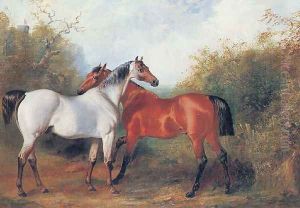 A strawberry roan and a bay hunter in a landscape by Henry Barraud