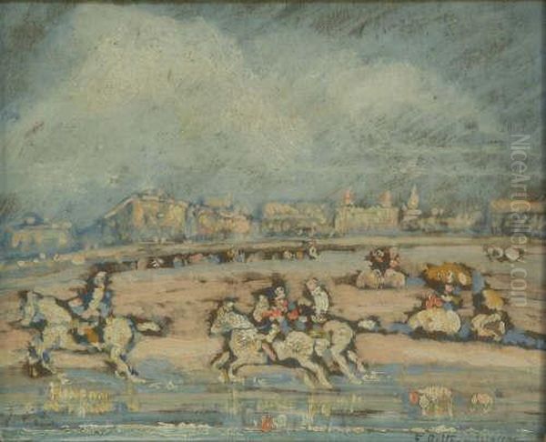 Spanish Oil On Card 'horas Espanola, Cavaliers Sur La Plage' Signed 9 X 11in - view 1