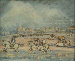 Spanish Oil On Card 'horas Espanola, Cavaliers Sur La Plage' Signed 9 X 11in by Federico Beltran-Masses