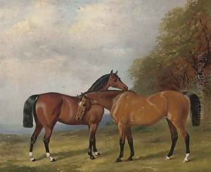Two bay hunters in an extensive landscape 1860 by Henry Barraud