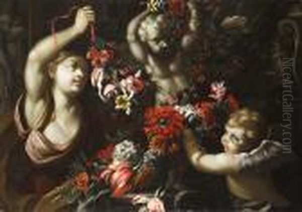 Una Ninfa Ed Un Putto Che Adornano Una Scultura Con Una Ghirlanda Di Fiori - view 1