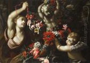 Una Ninfa Ed Un Putto Che Adornano Una Scultura Con Una Ghirlanda Di Fiori