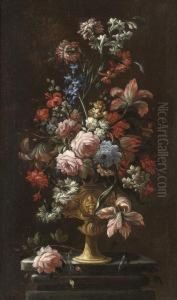 Roses, Carnations, Parrot
Tulips, Narcissi And Other Flowers In Asculpted Urn On A Plinth by Andrea Belvedere