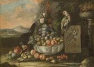 Coq, Perroquet Et Corbeille De Fruits
