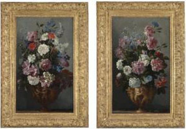 A Still Life Of Peonies, Roses, 
Carnations, Morning Glory, Hyacinths And Other Flowers In A Sculpted 
Vase;
 A Still Life Of Peonies, Roses, Carnations, Bluebells And Other Flowers
 In A Sculpted Vase - view 1