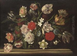 Tulips, Carnations, Roses And Other Flowers On A Stone Ledge