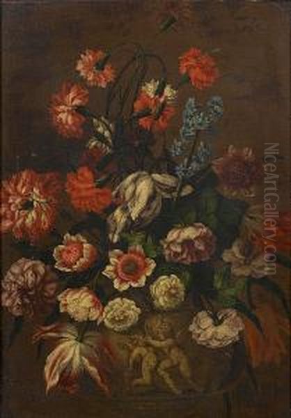 Tulips, Carnations, Roses, Hyacinths And Other Flowers In A Stone Vase - view 1