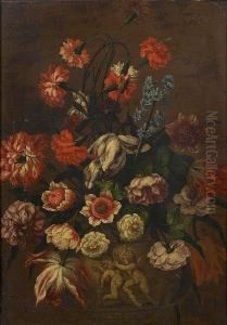 Tulips, Carnations, Roses, Hyacinths And Other Flowers In A Stone Vase