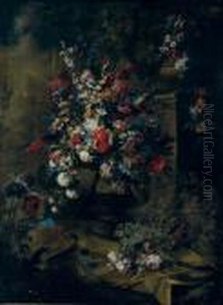 Roses, Tulips, Hydrangea And
Other Flowers In An Urn, A Second Urn On A Pedestal, A Landscape Beyond - view 1