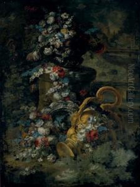 Tulips, Roses, Bluebells And
Other Flowers In An Urn, On A Pedestal, A Second Urn Below And A
Fountain Beyond - view 1