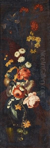 A Still Life Of Carnations,
Narcissi, Roses And Other Flowers In A Glass Vase On A Stone Ledge; And A
Still Life Of Roses, A Peony, Narcissi, Snowdrops And Other Flowers In A
Glass Vase On A Stone Ledge - view 1
