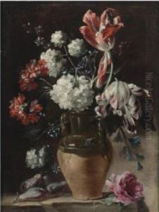 Still Life With Tulips,
Carnations And Other Flowers In A Ceramic Vase, A Bunch Of Figs, And A
Rose, All Resting On A Stone Ledge by Andrea Belvedere