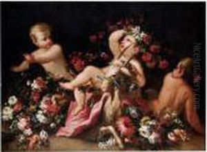 Natura Morta Di Fiori Con Putti A Dorso Di Una Capretta by Andrea Belvedere