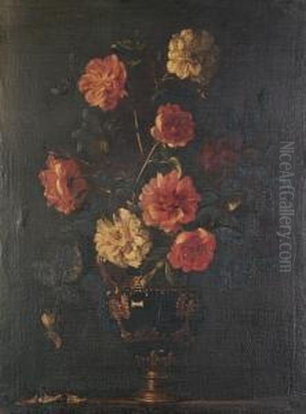 Roses In A Gilt Mounted Vase On A Ledge - view 1