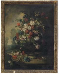 Roses, Morning Glory, Chrysanthemums And Other Flowers In An Urn, In A Landscape