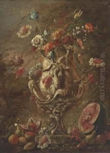 Tulips, Narcissi And Other
Flowers In A Suclpted Urn, With Apples,pears, Pomegranates And Half A
Melon In A Clearing by Andrea Belvedere