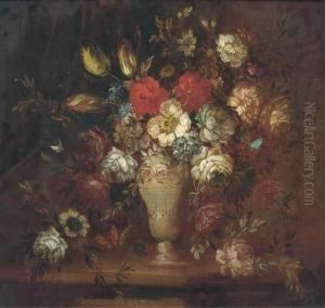 Roses, Tulips, And Other Flowers In A Vase With A Butterfly On Aledge