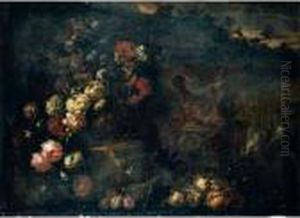 Still Life Of Flowers In A 
Sculpted Vase, Together With A Large Gilt Ewer, Carved Stone Reliefs And
 Fruit, Set Within A Landscape