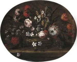 Roses, Tulips, Carnations And Other Flowers In A Bronze Vase On Aledge