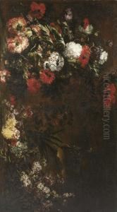 Peonies, Poppies, An Iris, A Tulip And Other Flowers In A Landscape by Andrea Belvedere