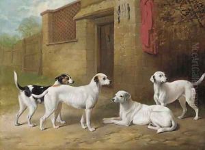 Harrier hounds outside a kennel by Henry Barraud