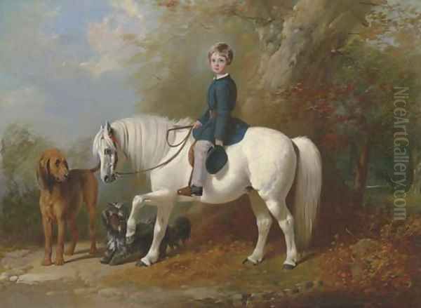 Master Beresford Lowndes on his pony with two dogs at the edge of a wood - view 1