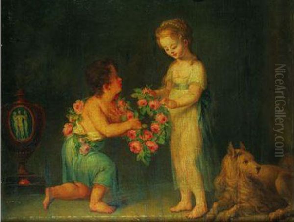 Deux Enfants Jouant Avec Une Guirlande De Fleurs - view 1
