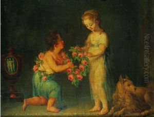 Deux Enfants Jouant Avec Une Guirlande De Fleurs Deux Enfants Jouant Avec Une Guirlande De Fleurs