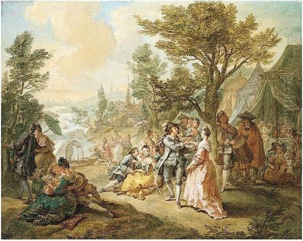 A Fete Galante Beside A River With Elegant Figures Embarking A Boat Beyond - view 1