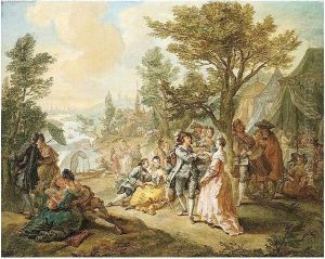 A Fete Galante Beside A River With Elegant Figures Embarking A Boat Beyond A Fete Galante Beside A River With Elegant Figures Embarking A Boat Beyond
