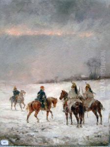 < Militaires Dans Un Paysage D'hiver >. by Louis Emile Benassit