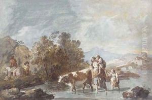 A family crossing a stream with a cow by Giuseppe Bernardino Bison