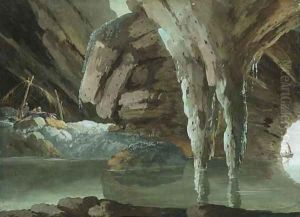 An Hermit Saint writing in a Grotto by the Sea, boats in the background by Giuseppe Bernardino Bison