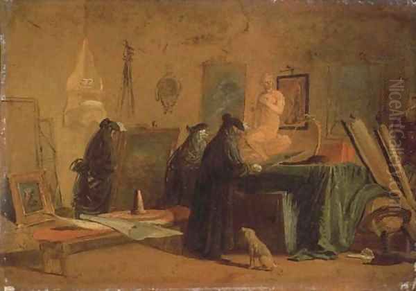 Connoisseurs in carnival costume in an interior with pictures and objects of art and science - view 1