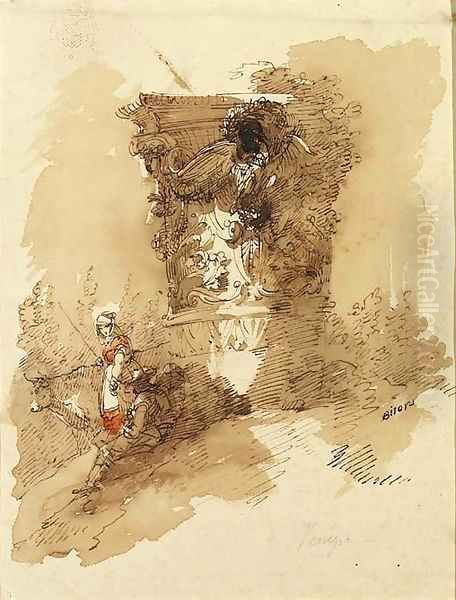 A woman with a cow and a seated man by a capital - view 1