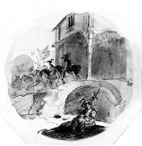 Riders and a seated figure by a house by Giuseppe Bernardino Bison