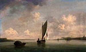 A Smack Under Sail in a Light Breeze in a River