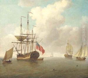 A small man-'o'-war at anchor with cutters under sail