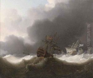 Ships of the Red Squadron reefed down in a gale