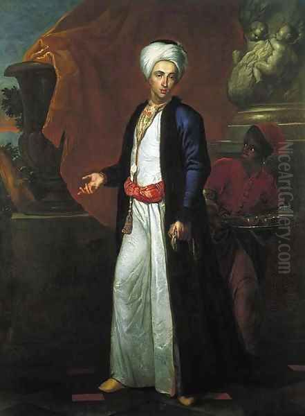 Portrait of a gentleman, full-length, in Ottoman robes, a page beside him, on a terrace before a Solomonic column - view 1