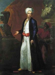 Portrait of a gentleman, full-length, in Ottoman robes, a page beside him, on a terrace before a Solomonic column by Giuseppe Bonito