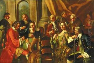 Elegant company playing cards in a palatial interior by Giuseppe Bonito